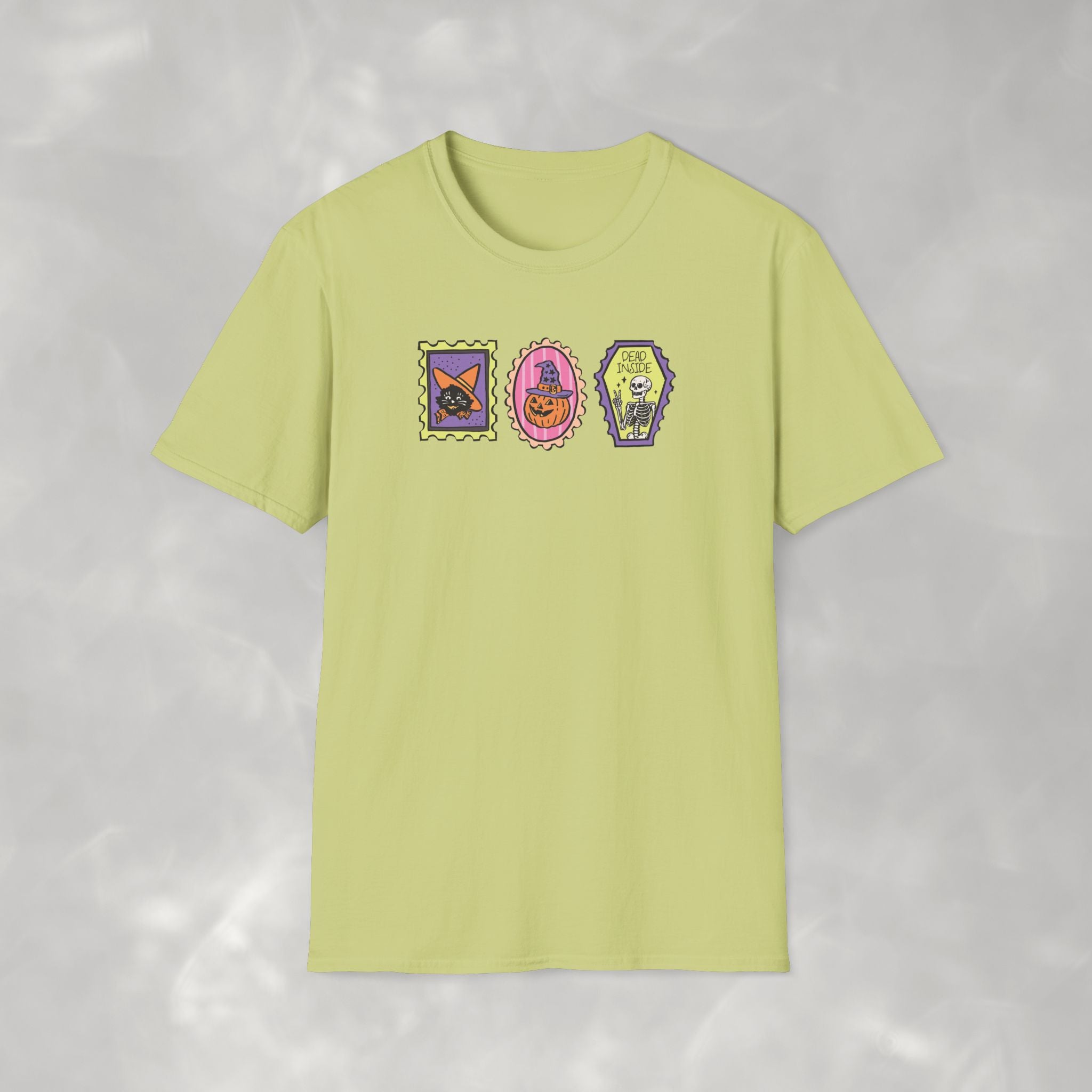 Cute Halloween Spooky Stamps with Cat, Jack-O-Lanter, Skeleton, Gildan Unisex Softstyle T-Shirt
