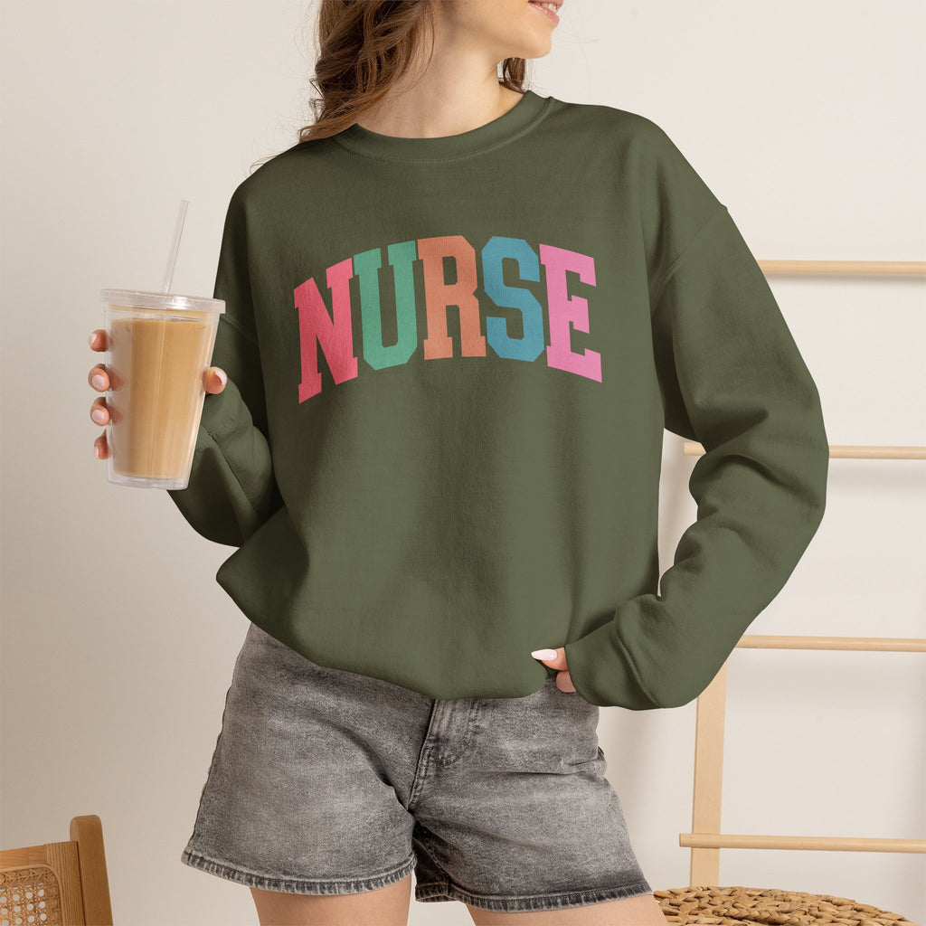 Colorful Fun Whimsical Varsity Nurse Gildan Unisex Heavy Blend™ Crewneck Sweatshirt for RN, LPN, GN, Student Nurse