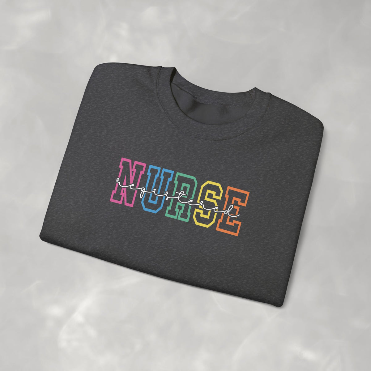 Colorful Rainbow Whimsical Varsity Registered Nurse Gildan Unisex Heavy Blend™ Crewneck Sweatshirt