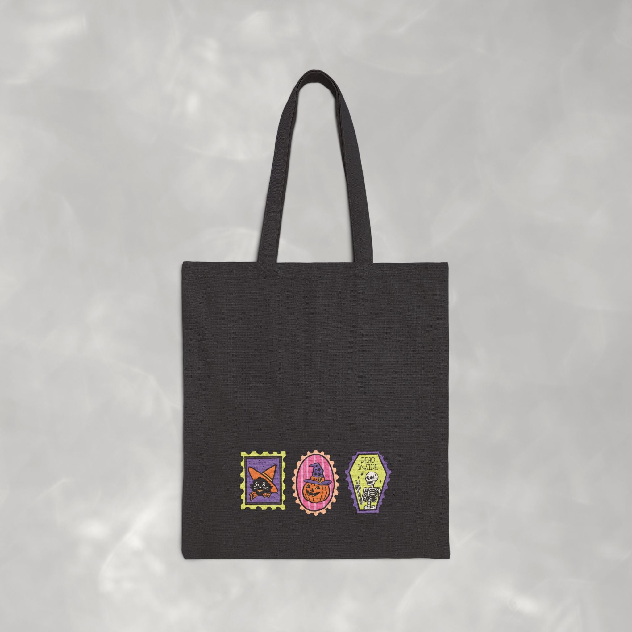 Cute Halloween Spooky Stamps with Cat, Jack-O-Lanter, Skeleton, Double-Sided Cotton Canvas Tote Bag
