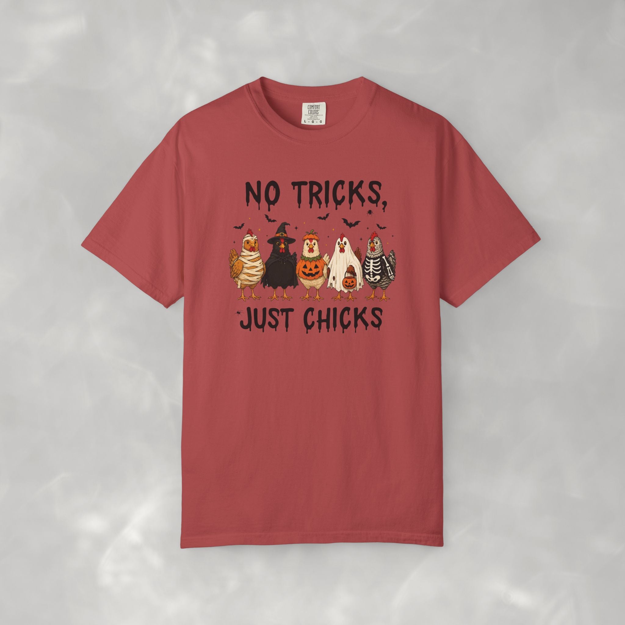No Tricks Just Chicks, Funny Halloween Chickens in Costumes, Comfort Colors Tee