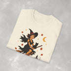 Vintage Witch Riding on Broomstick with Black Cat, Retro Halloween, Gildan Unisex Softstyle T-Shirt