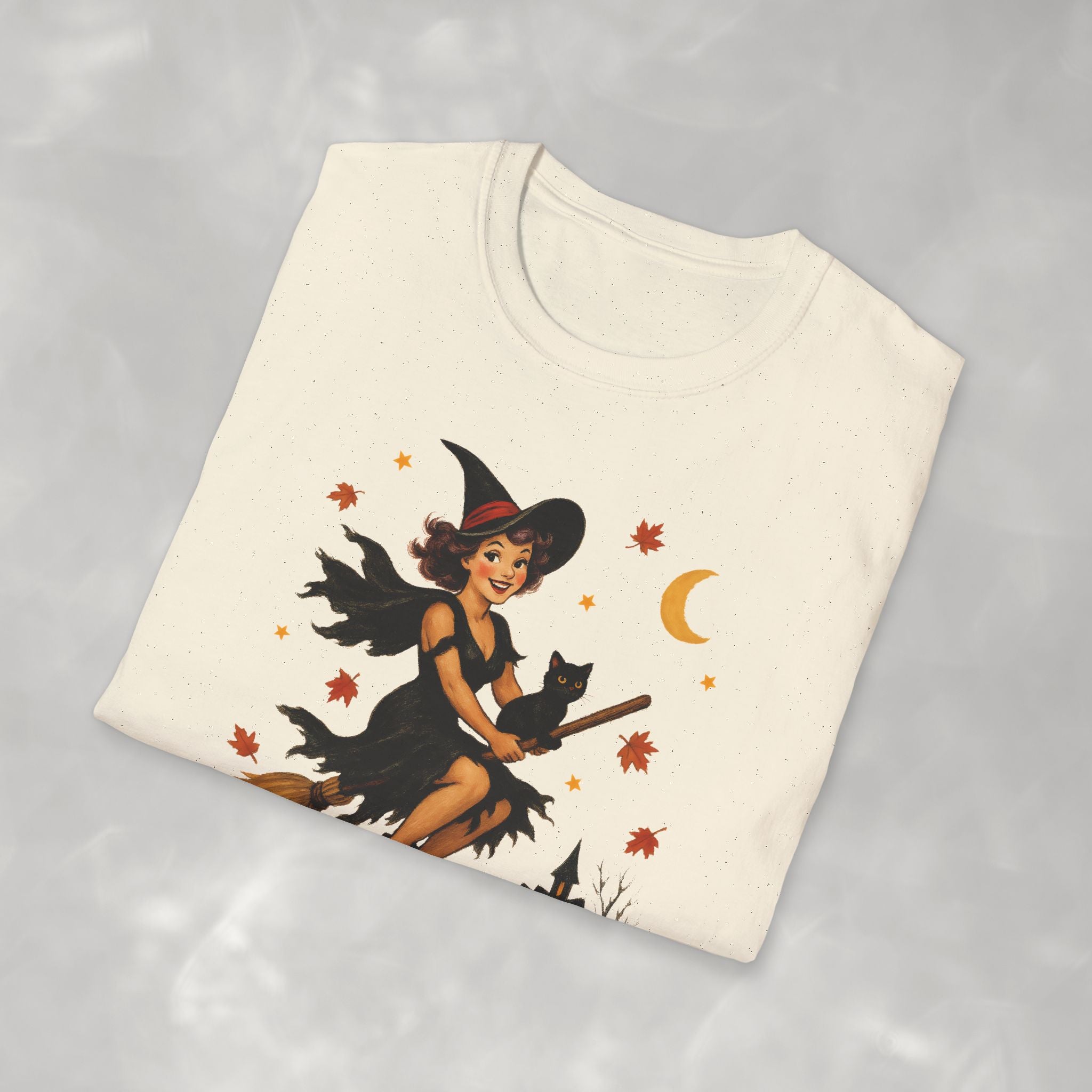 Vintage Witch Riding on Broomstick with Black Cat, Retro Halloween, Gildan Unisex Softstyle T-Shirt