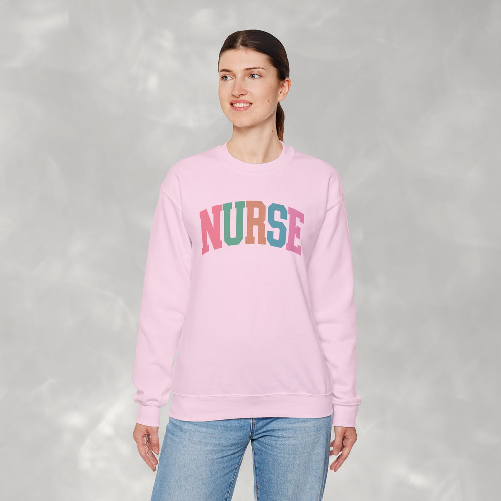 Colorful Fun Whimsical Varsity Nurse Gildan Unisex Heavy Blend™ Crewneck Sweatshirt for RN, LPN, GN, Student Nurse