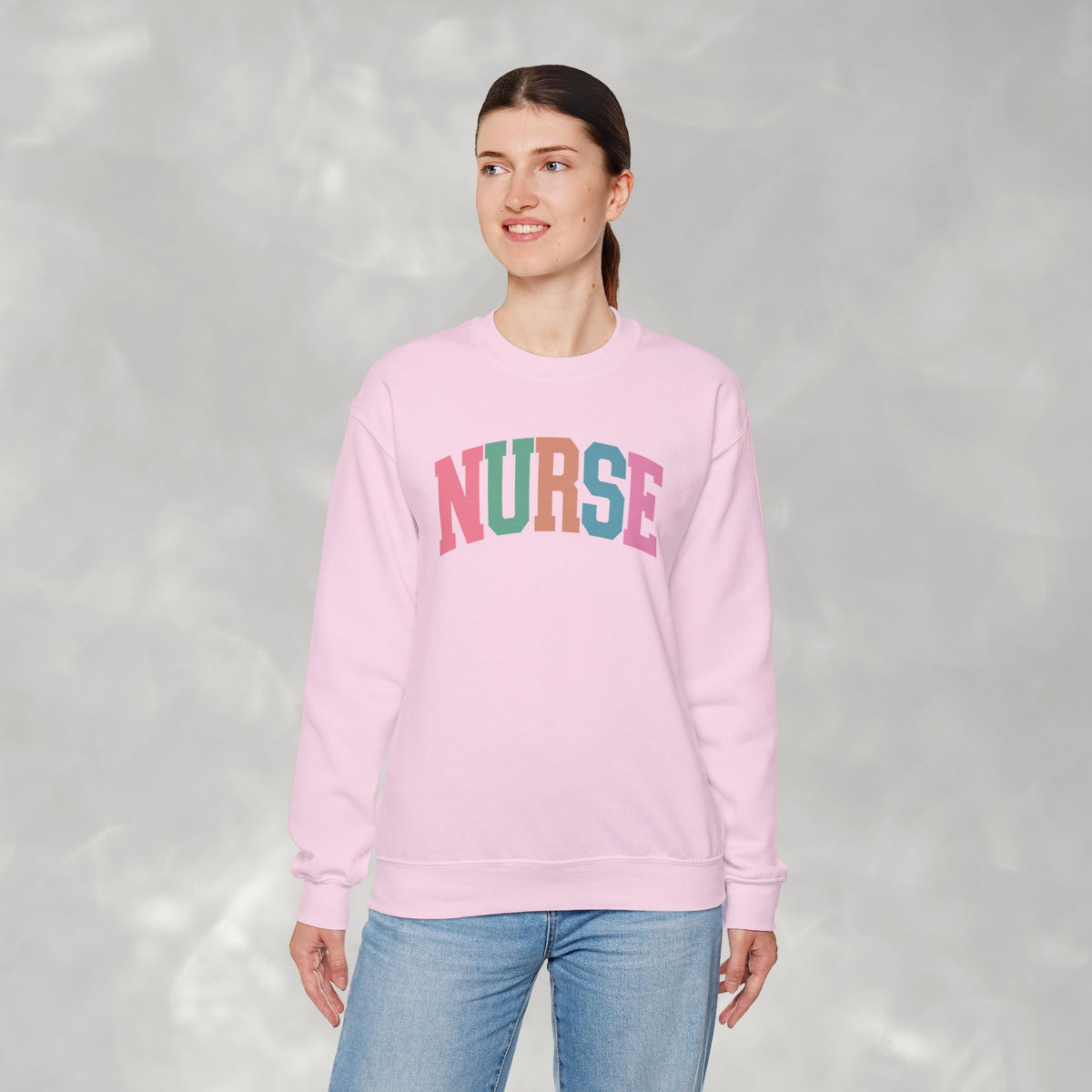 Colorful Fun Whimsical Varsity Nurse Gildan Unisex Heavy Blend™ Crewneck Sweatshirt for RN, LPN, GN, Student Nurse