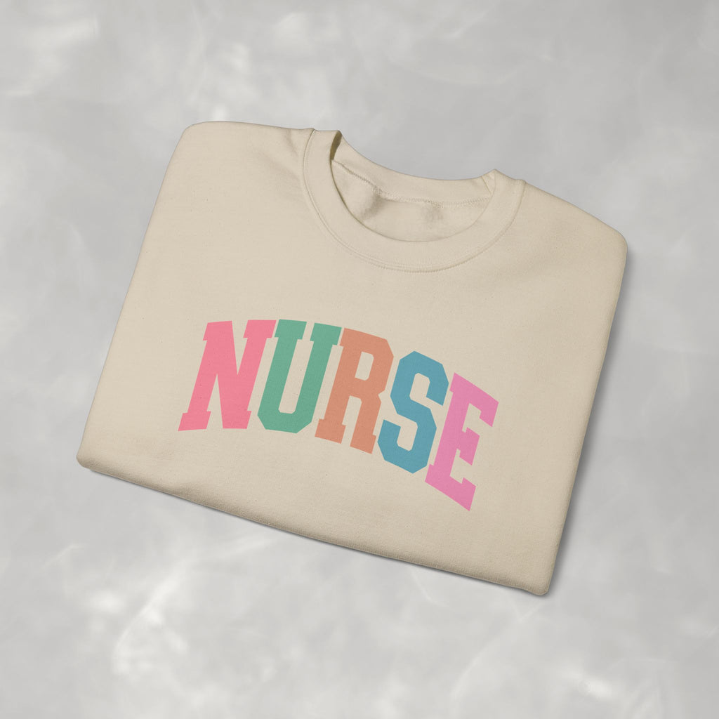 Colorful Fun Whimsical Varsity Nurse Gildan Unisex Heavy Blend™ Crewneck Sweatshirt for RN, LPN, GN, Student Nurse