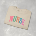 Colorful Fun Whimsical Varsity Nurse Gildan Unisex Heavy Blend™ Crewneck Sweatshirt for RN, LPN, GN, Student Nurse