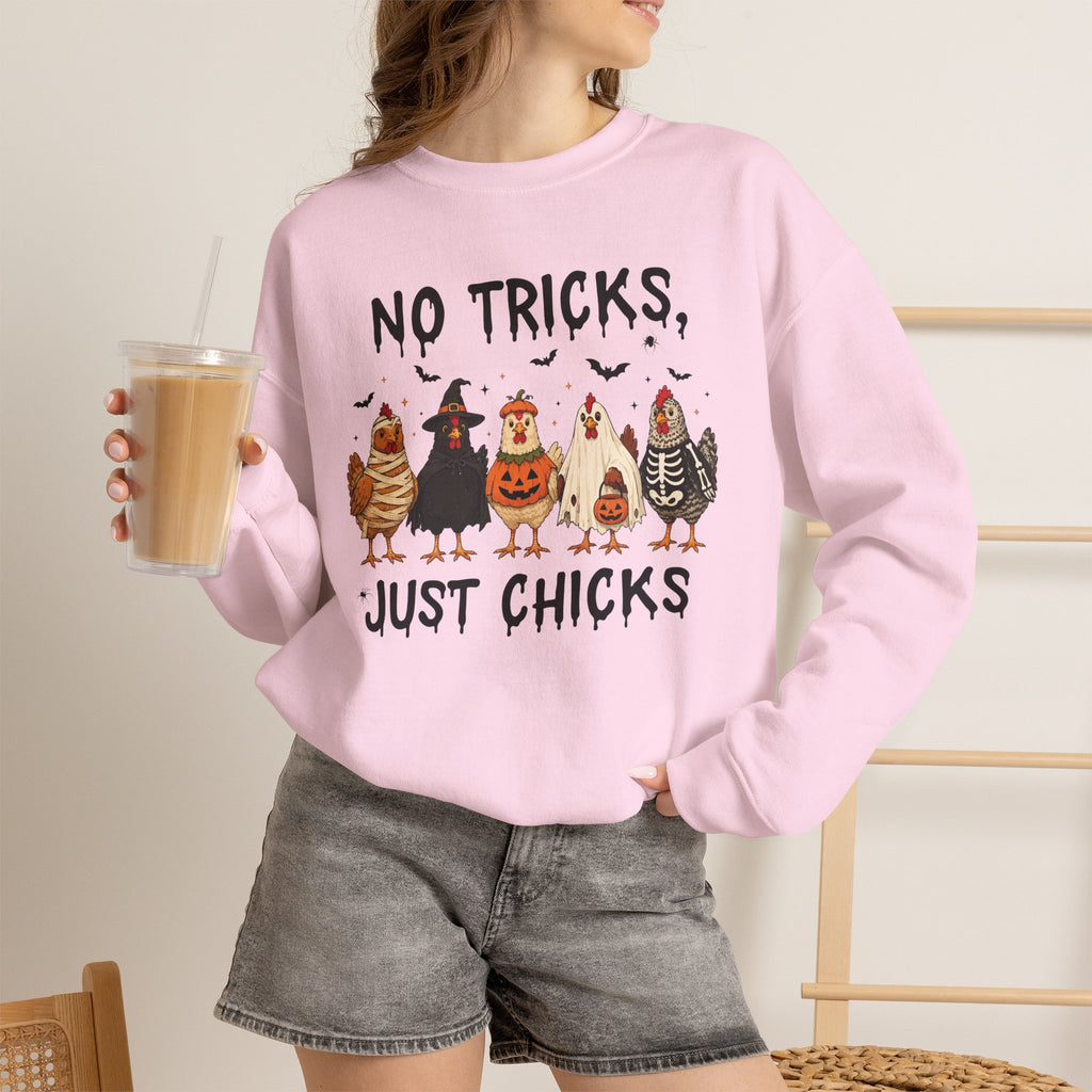 No Tricks Just Chicks, Funny Halloween Chickens in Costumes, Gildan Unisex Heavy Blend™ Crewneck Sweatshirt