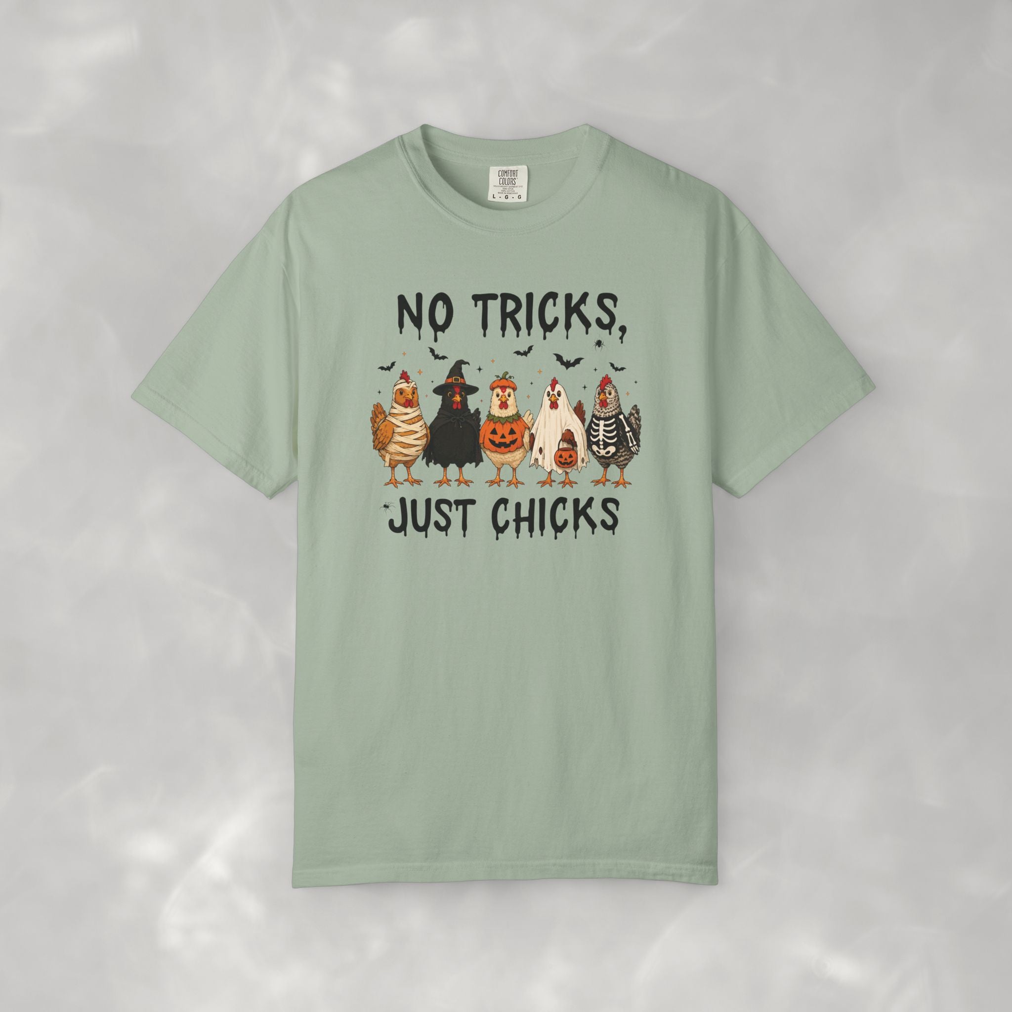 No Tricks Just Chicks, Funny Halloween Chickens in Costumes, Comfort Colors Tee