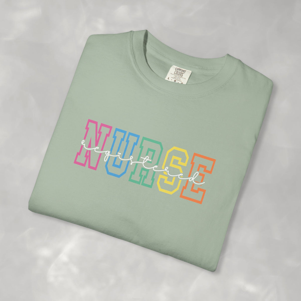 Colorful Rainbow Whimsical Varsity Registered Nurse Comfort Colors Unisex Garment-Dyed T-shirt