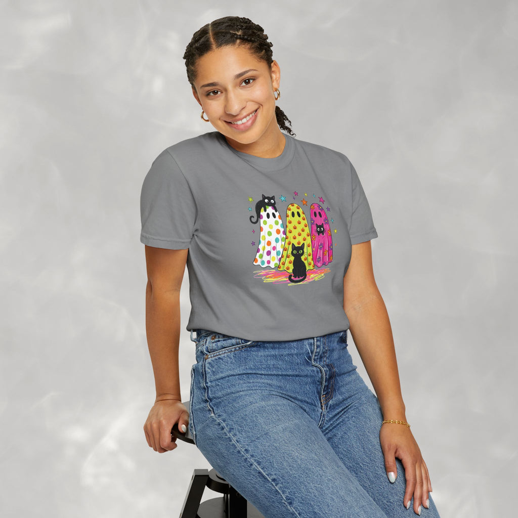Preppy, Girly, Cute Halloween Ghosts with Cats, Comfort Colors Tee
