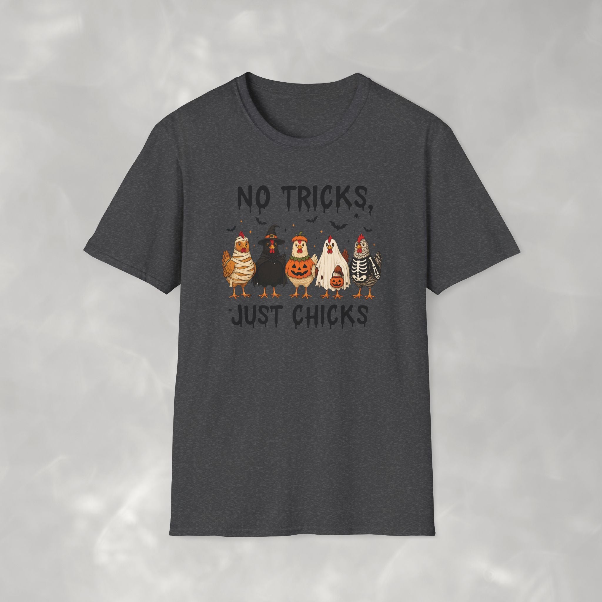 No Tricks Just Chicks, Funny Halloween Chickens in Costumes, Gildan Unisex Softstyle T-Shirt