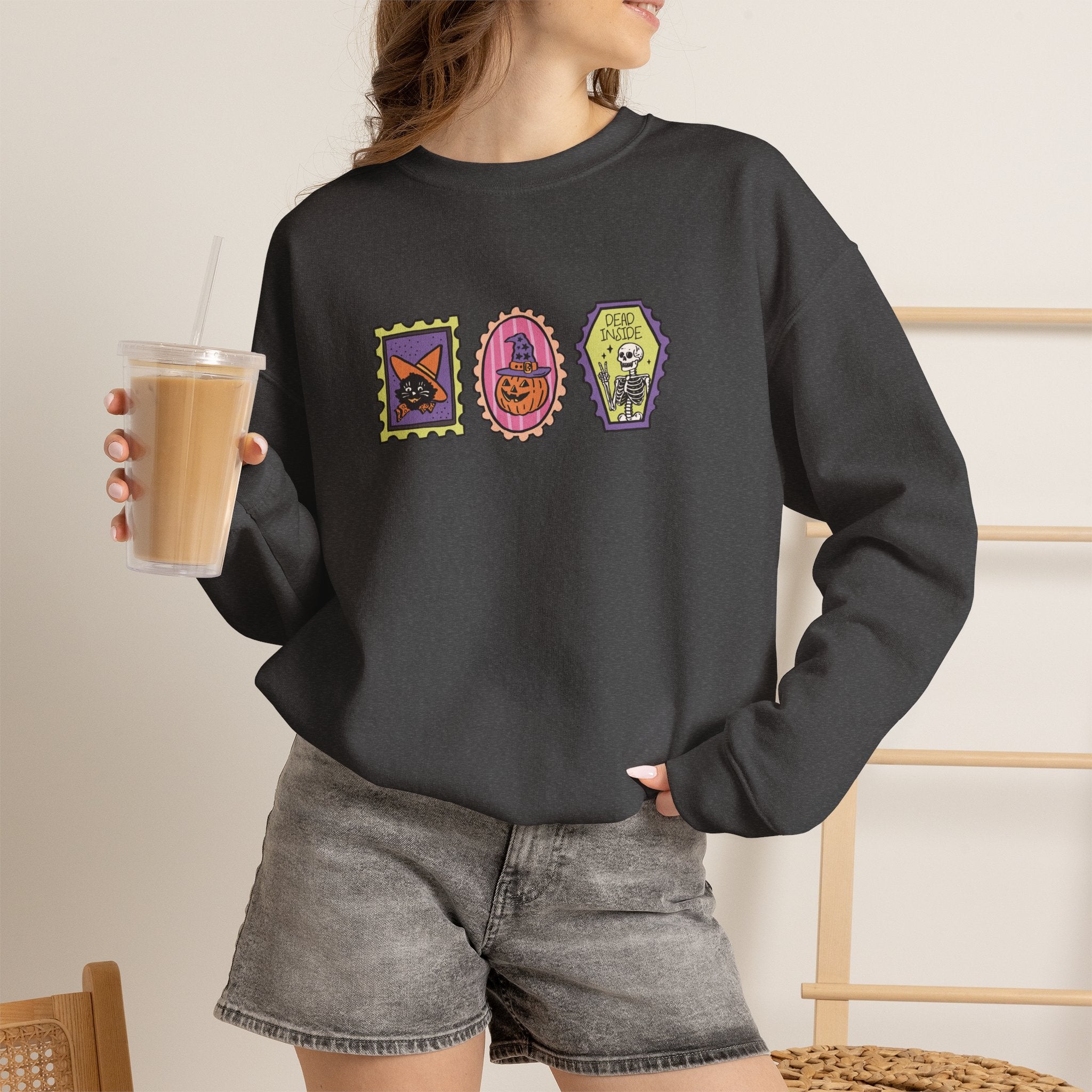 Cute Halloween Spooky Stamps with Cat, Jack-O-Lanter, Skeleton, Gildan Unisex Heavy Blend™ Crewneck Sweatshirt