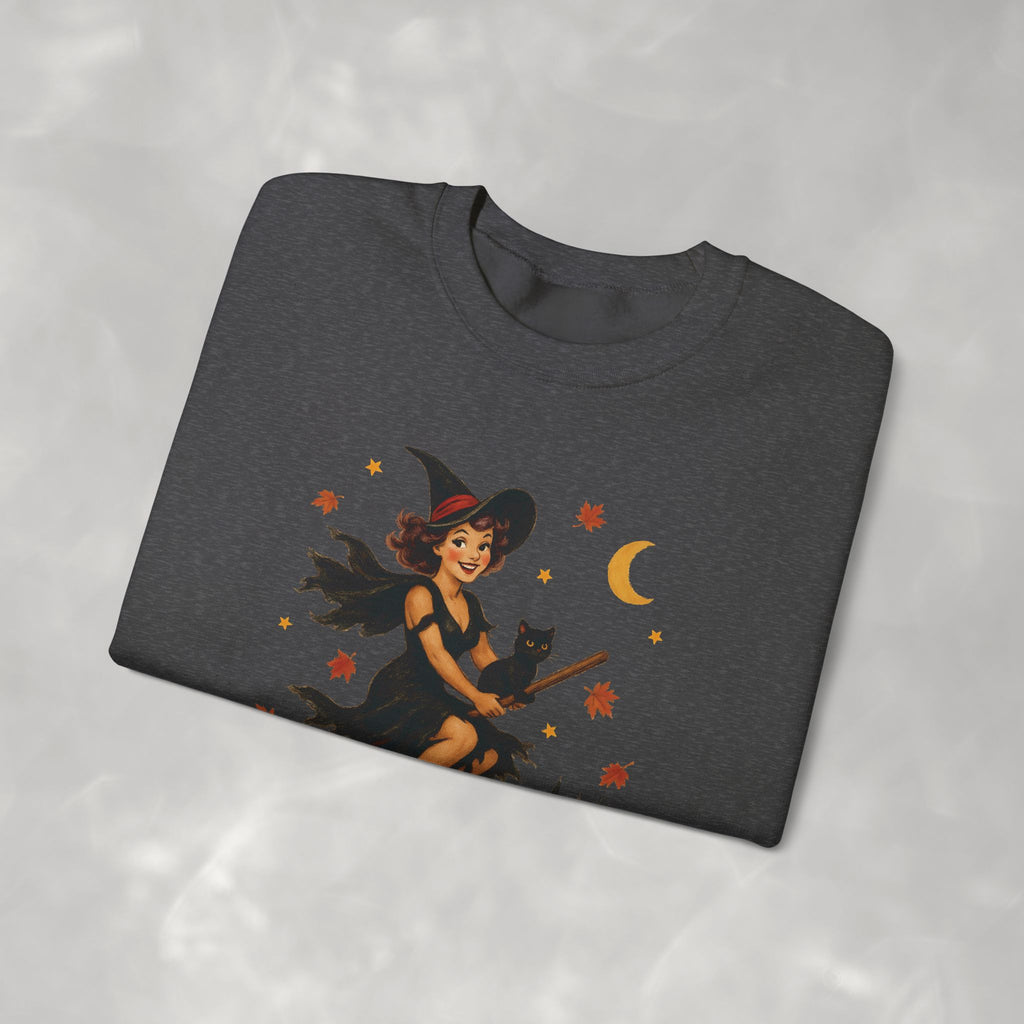 Vintage Witch Riding on Broomstick with Black Cat, Retro Halloween, Gildan Unisex Heavy Blend™ Crewneck Sweatshirt