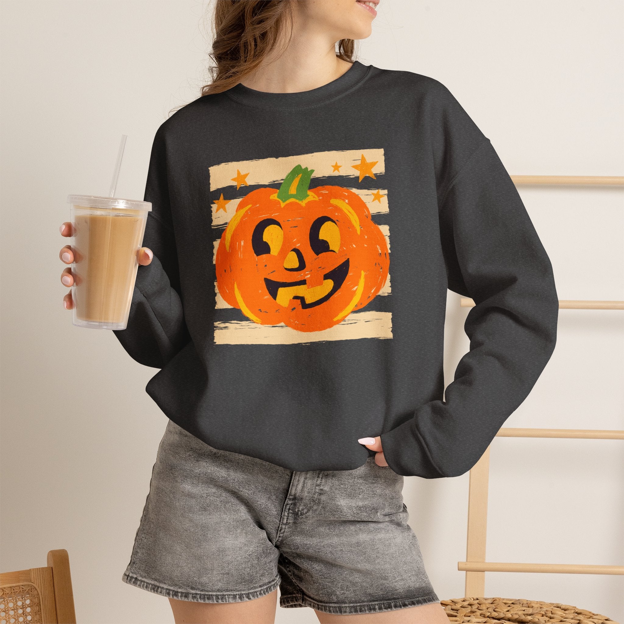 Happy Jack-O-Lantern, Striped Halloween Unisex Heavy Blend™ Crewneck Sweatshirt