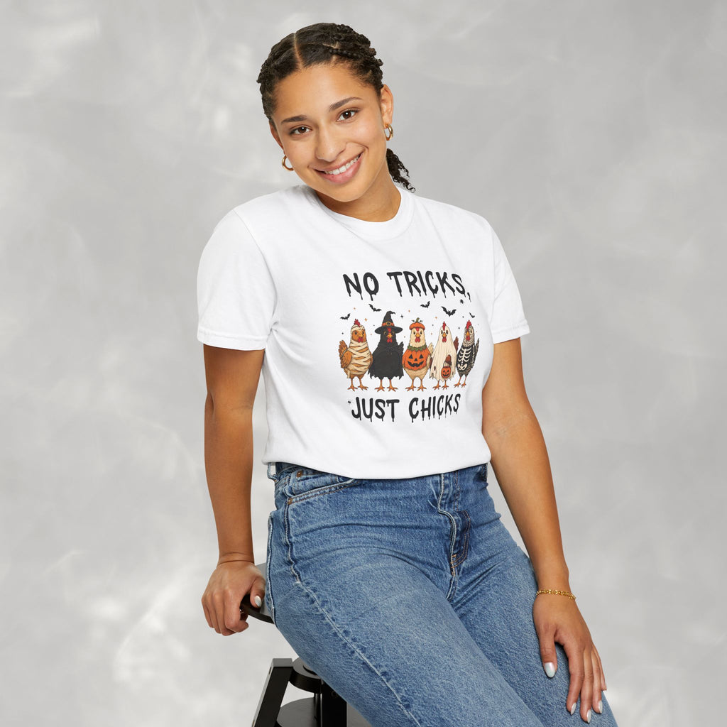 No Tricks Just Chicks, Funny Halloween Chickens in Costumes, Comfort Colors Tee