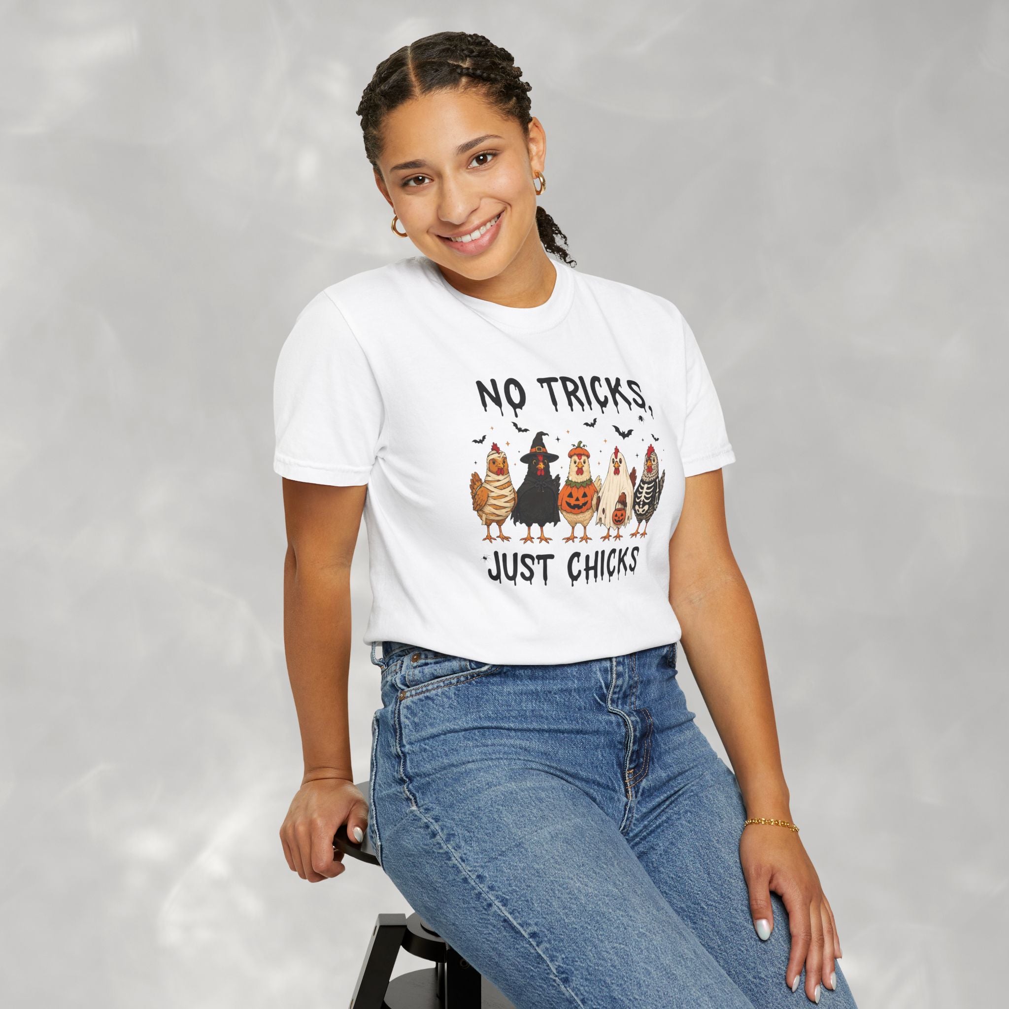 No Tricks Just Chicks, Funny Halloween Chickens in Costumes, Comfort Colors Tee
