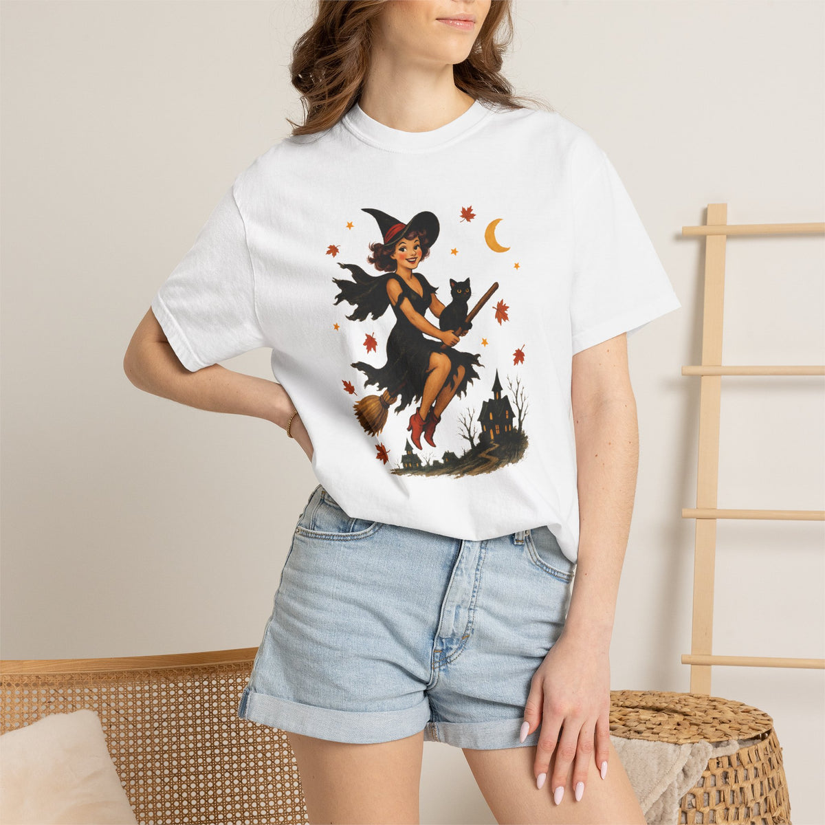 Vintage Witch Riding on Broomstick with Black Cat, Retro Halloween Comfort Colors Tee