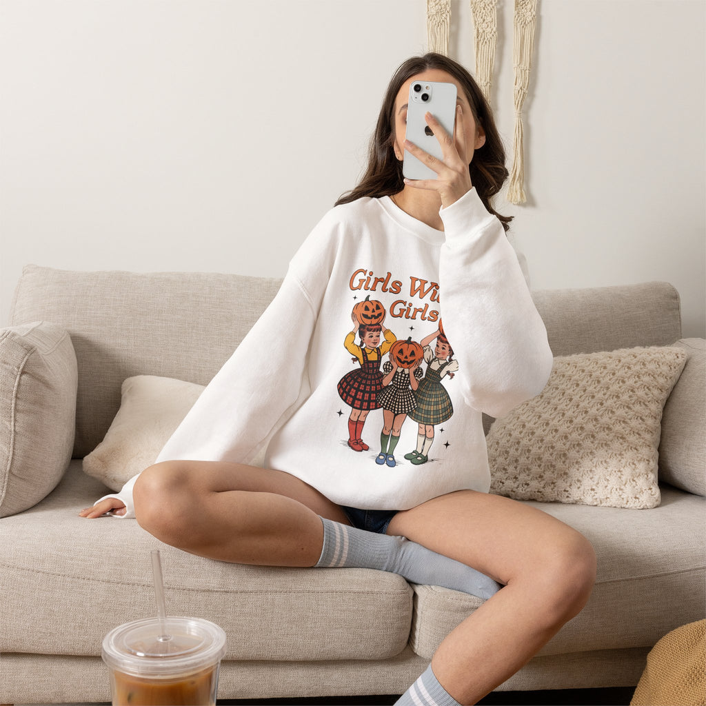 Girls Will Be Girls, Funny Retro Vintage Halloween, Unisex Heavy Blend™ Crewneck Sweatshirt