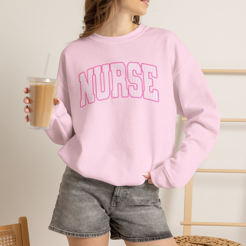 Pink Striped Varsity Nurse Gildan Unisex Heavy Blend™ Crewneck Sweatshirt for RN, LPN, GN, Student Nurse
