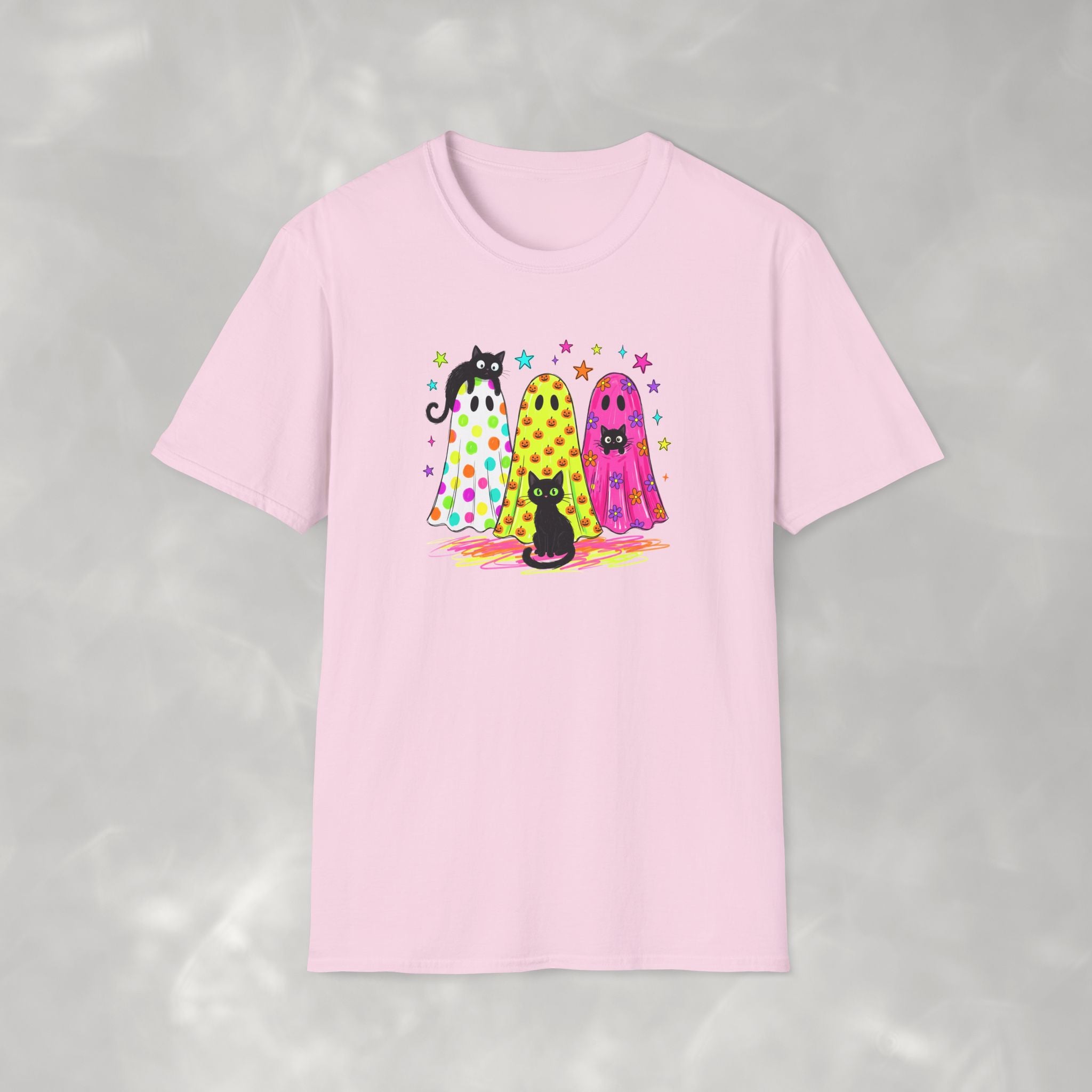 Preppy, Girly, Cute Halloween Ghosts with Cats, Gildan Unisex Softstyle T-Shirt