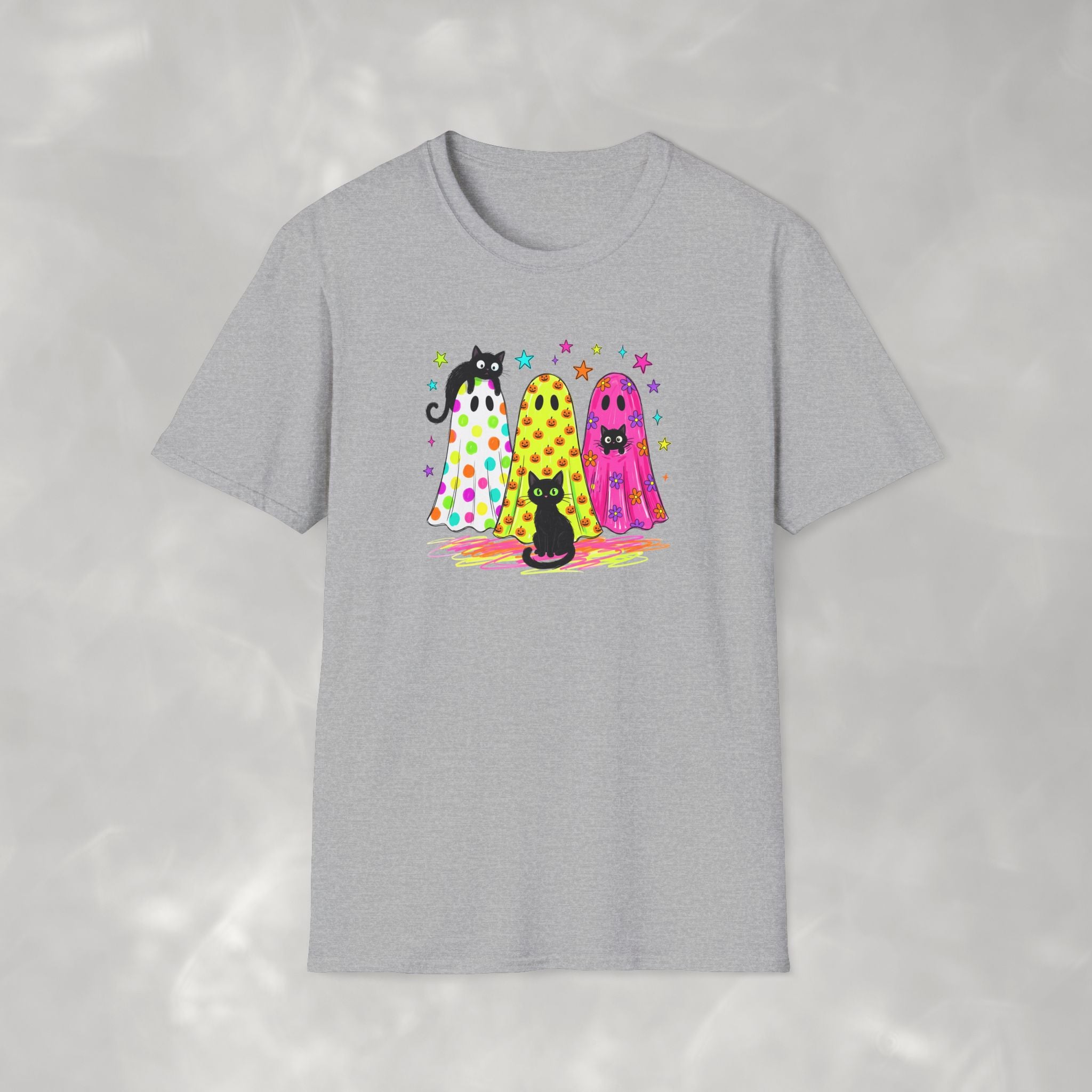 Preppy, Girly, Cute Halloween Ghosts with Cats, Gildan Unisex Softstyle T-Shirt