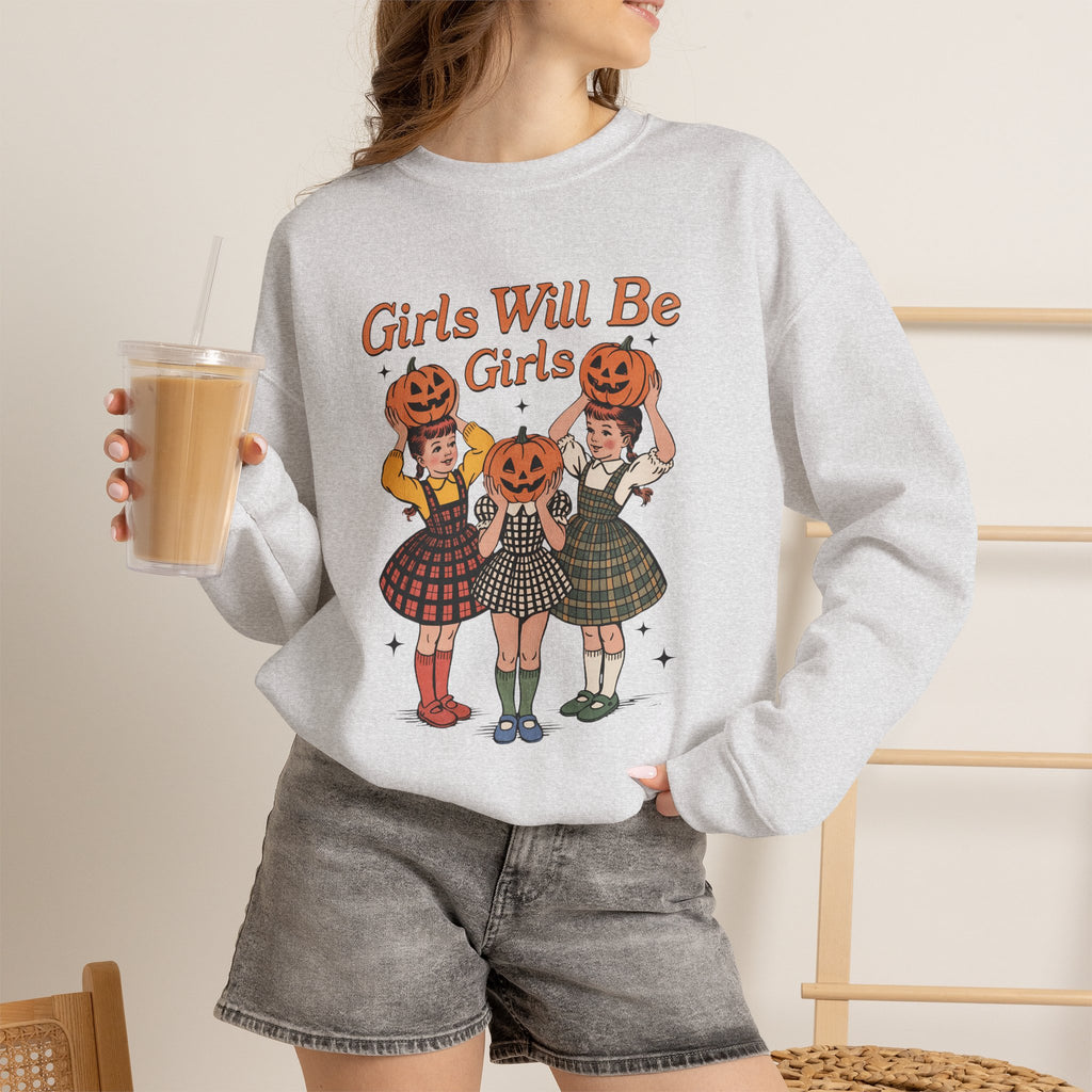 Girls Will Be Girls, Funny Retro Vintage Halloween, Unisex Heavy Blend™ Crewneck Sweatshirt