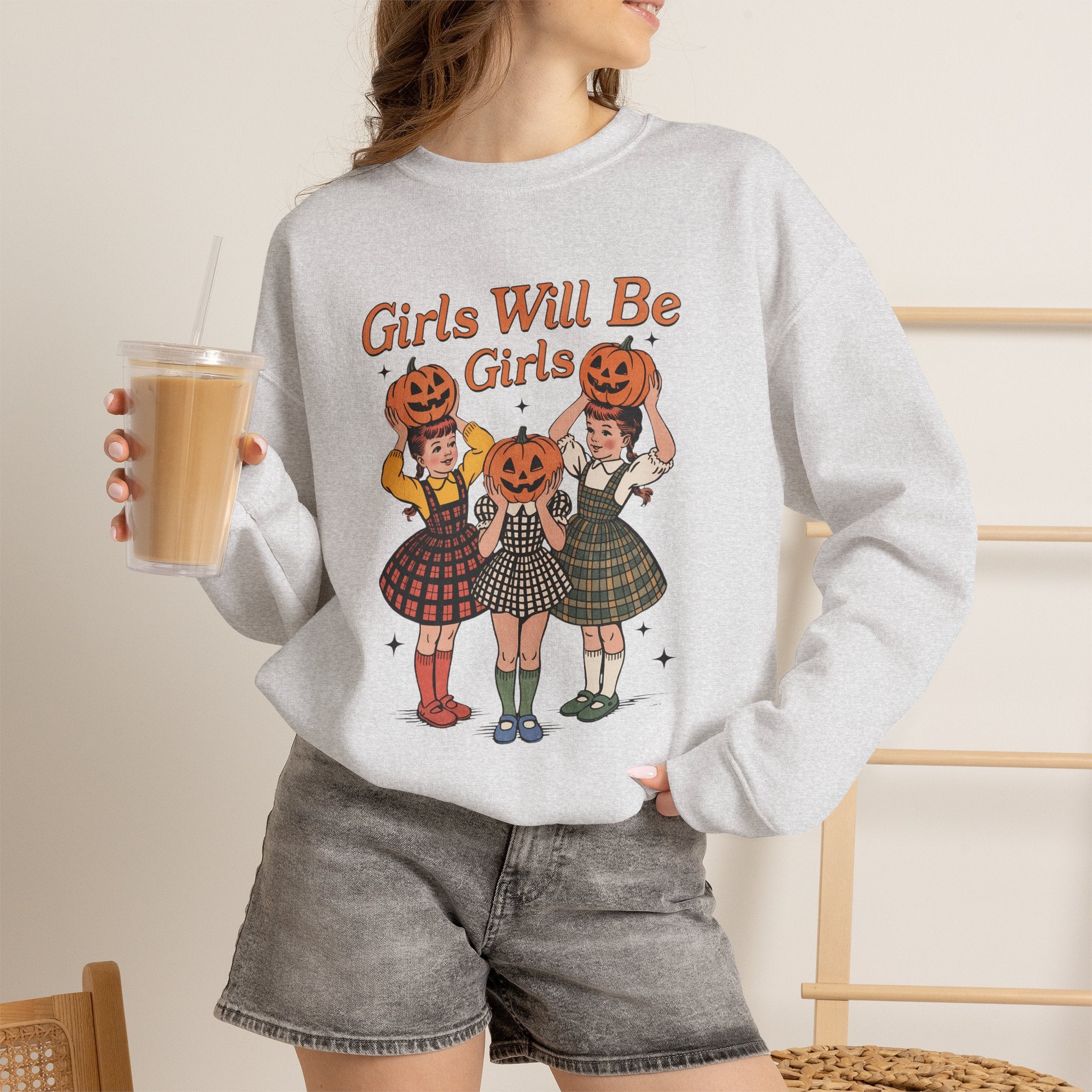 Girls Will Be Girls, Funny Retro Vintage Halloween, Unisex Heavy Blend™ Crewneck Sweatshirt