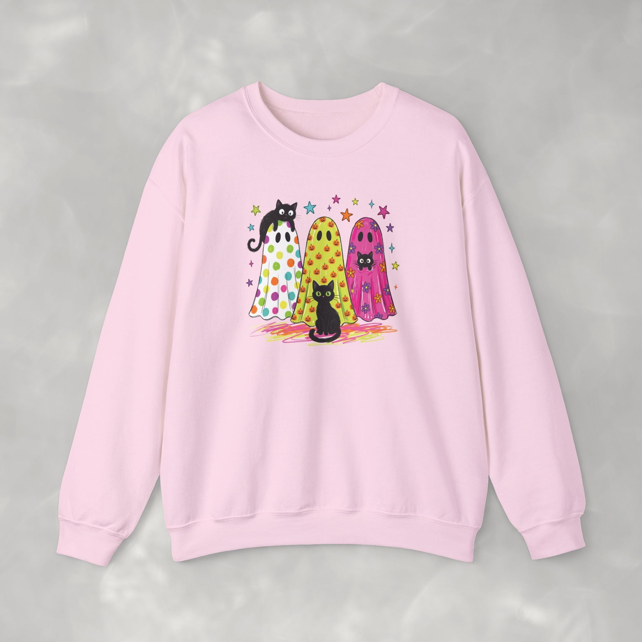 Preppy, Girly, Cute Halloween Ghosts with Cats, Gildan Unisex Heavy Blend™ Crewneck Sweatshirt