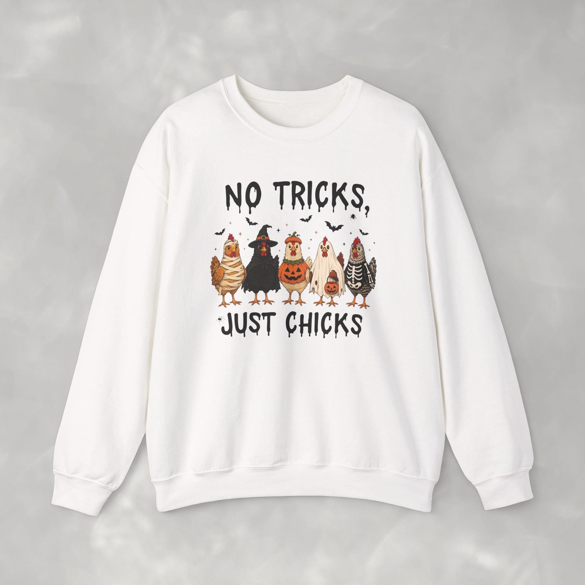 No Tricks Just Chicks, Funny Halloween Chickens in Costumes, Gildan Unisex Heavy Blend™ Crewneck Sweatshirt