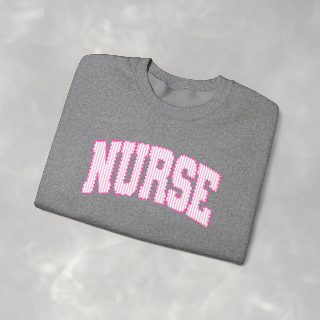 Pink Striped Varsity Nurse Gildan Unisex Heavy Blend™ Crewneck Sweatshirt for RN, LPN, GN, Student Nurse