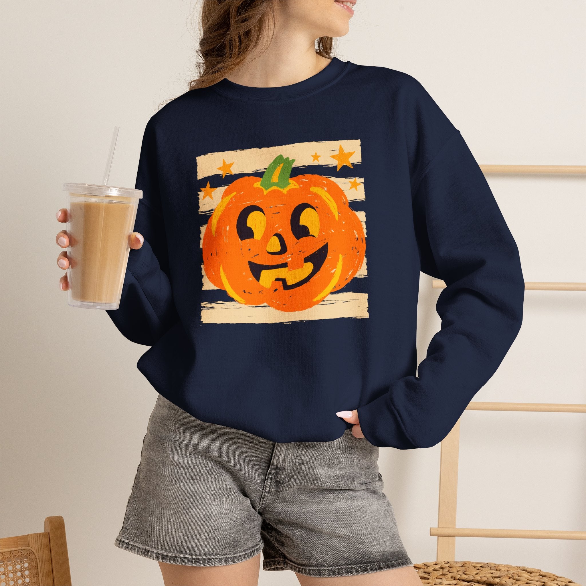 Happy Jack-O-Lantern, Striped Halloween Unisex Heavy Blend™ Crewneck Sweatshirt