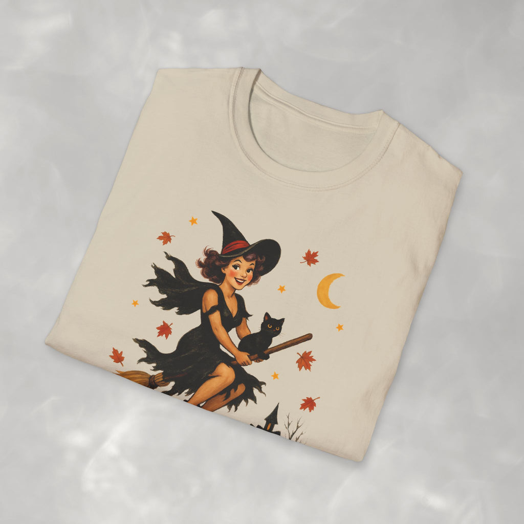 Vintage Witch Riding on Broomstick with Black Cat, Retro Halloween, Gildan Unisex Softstyle T-Shirt