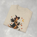Vintage Witch Riding on Broomstick with Black Cat, Retro Halloween, Gildan Unisex Softstyle T-Shirt