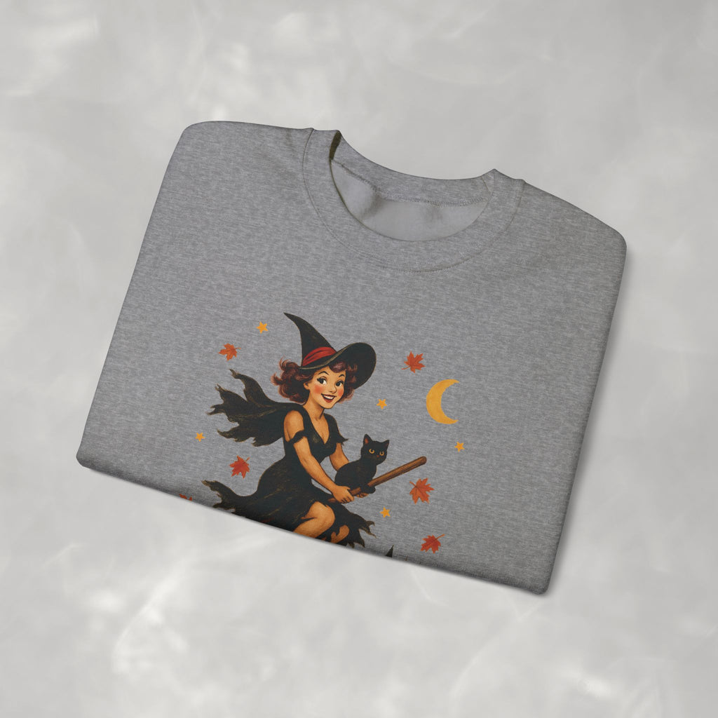 Vintage Witch Riding on Broomstick with Black Cat, Retro Halloween, Gildan Unisex Heavy Blend™ Crewneck Sweatshirt