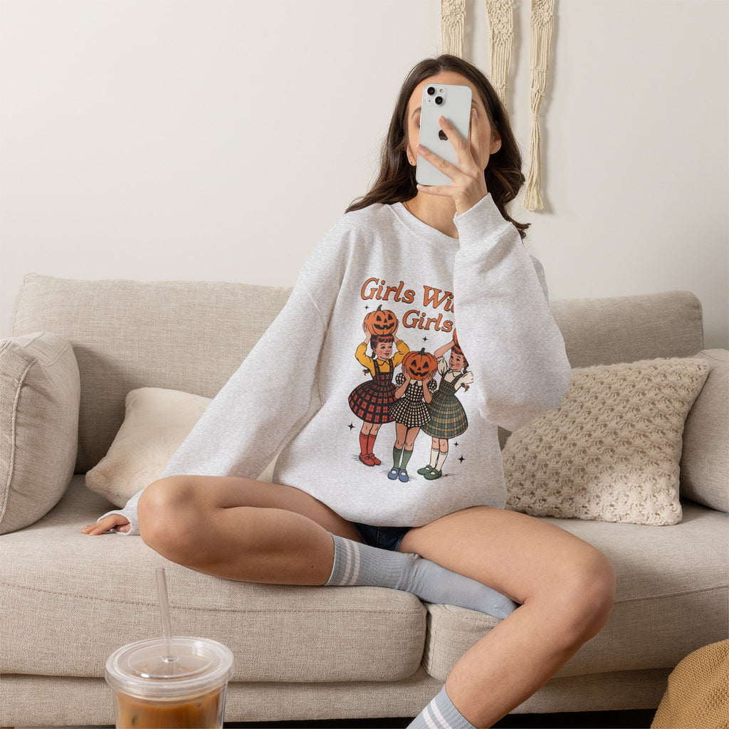 Girls Will Be Girls, Funny Retro Vintage Halloween, Unisex Heavy Blend™ Crewneck Sweatshirt