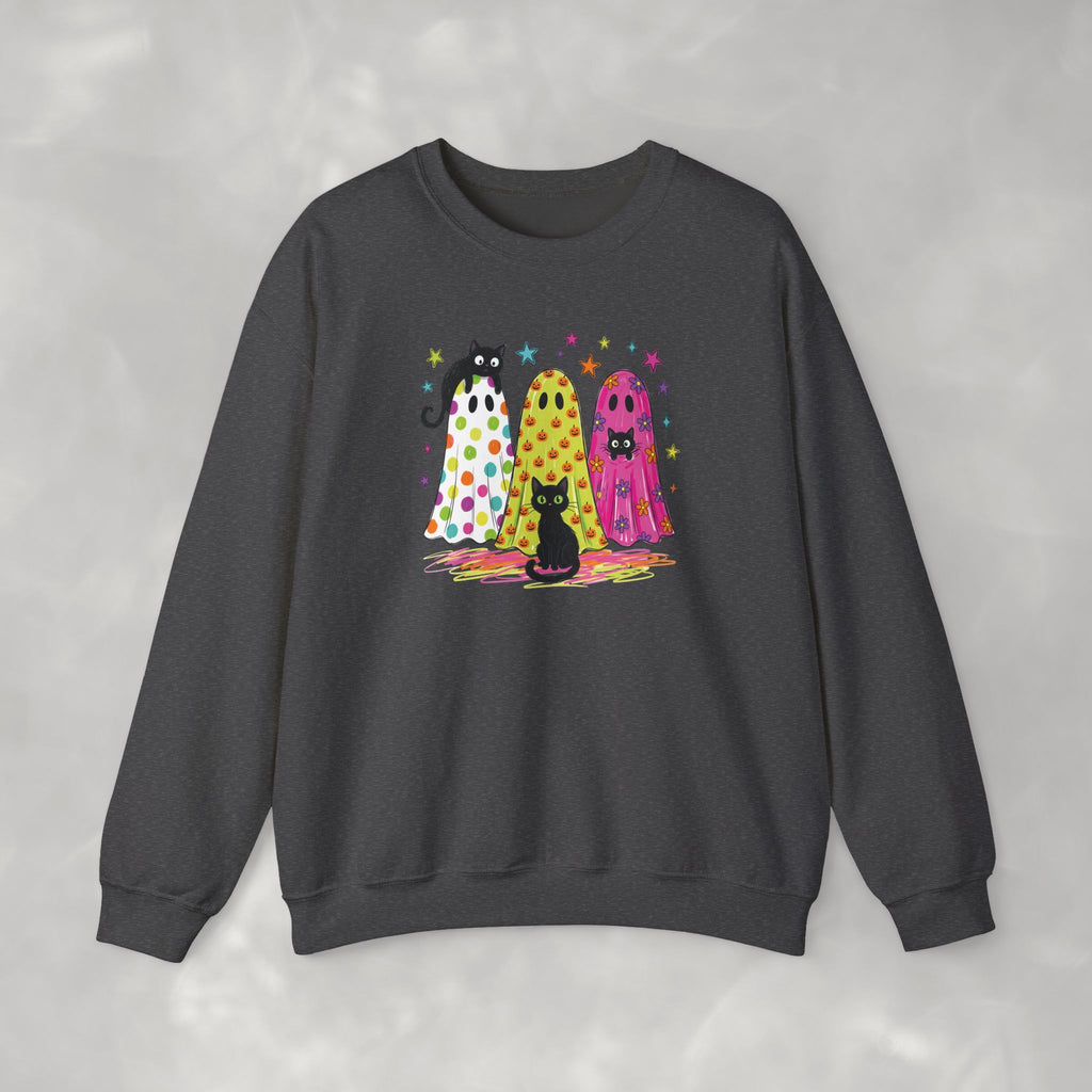 Preppy, Girly, Cute Halloween Ghosts with Cats, Gildan Unisex Heavy Blend™ Crewneck Sweatshirt