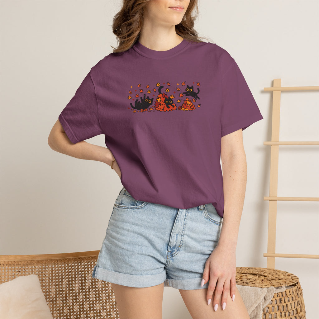 Cute Black Cats Playing in Autumn Leaves Comfort Colors Tee