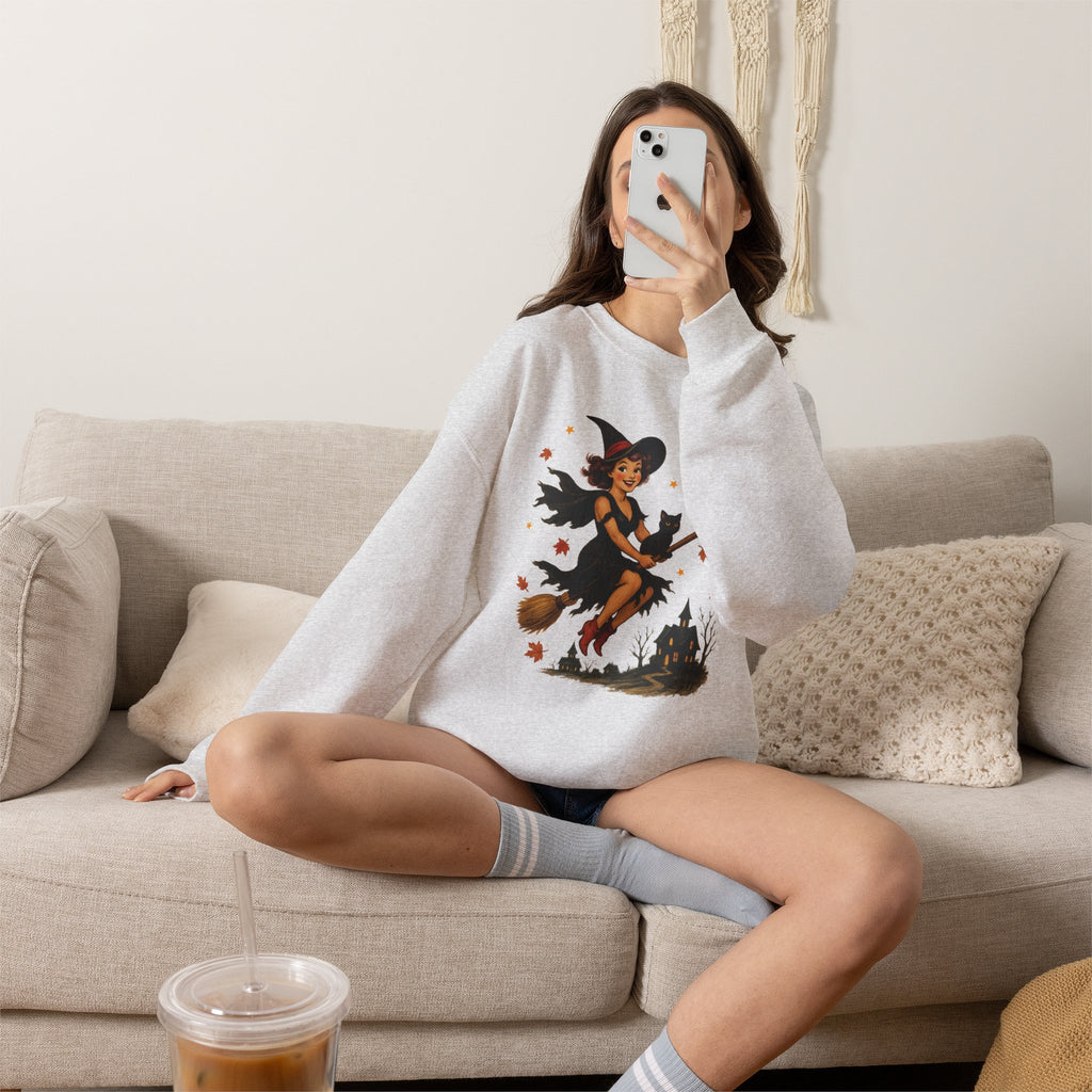 Vintage Witch Riding on Broomstick with Black Cat, Retro Halloween, Gildan Unisex Heavy Blend™ Crewneck Sweatshirt