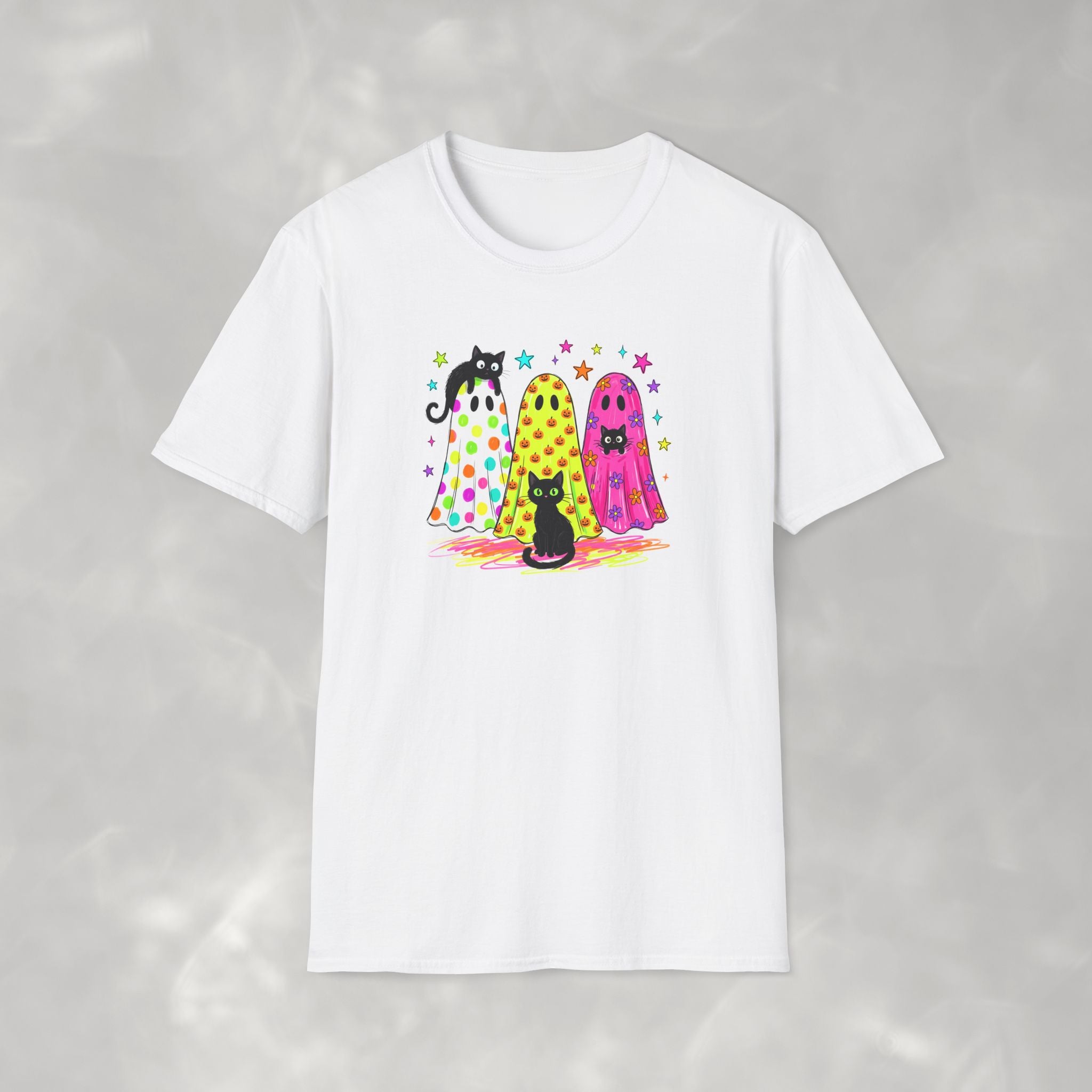 Preppy, Girly, Cute Halloween Ghosts with Cats, Gildan Unisex Softstyle T-Shirt