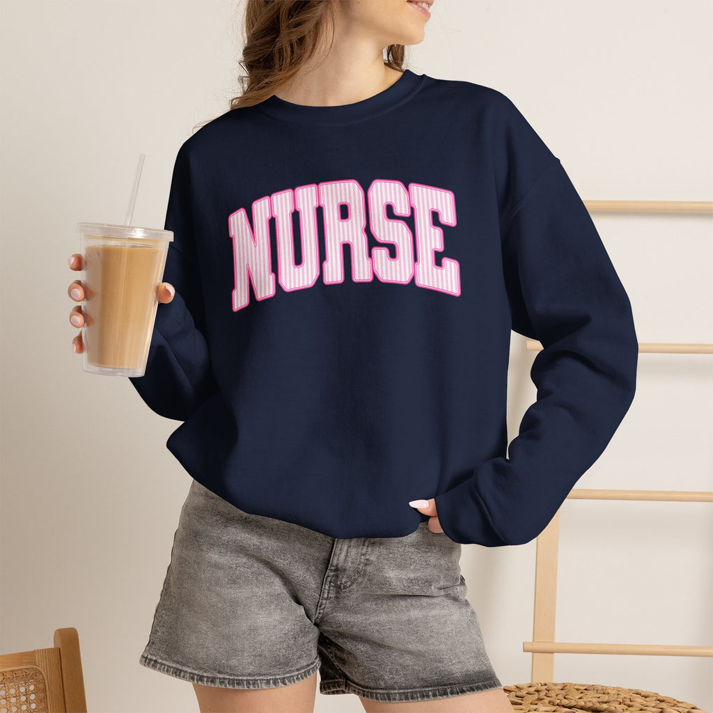 Pink Striped Varsity Nurse Gildan Unisex Heavy Blend™ Crewneck Sweatshirt for RN, LPN, GN, Student Nurse