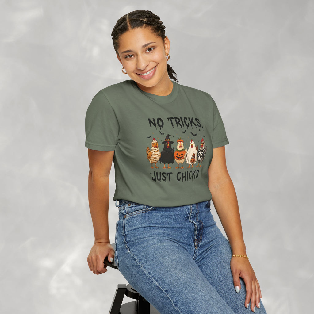 No Tricks Just Chicks, Funny Halloween Chickens in Costumes, Comfort Colors Tee