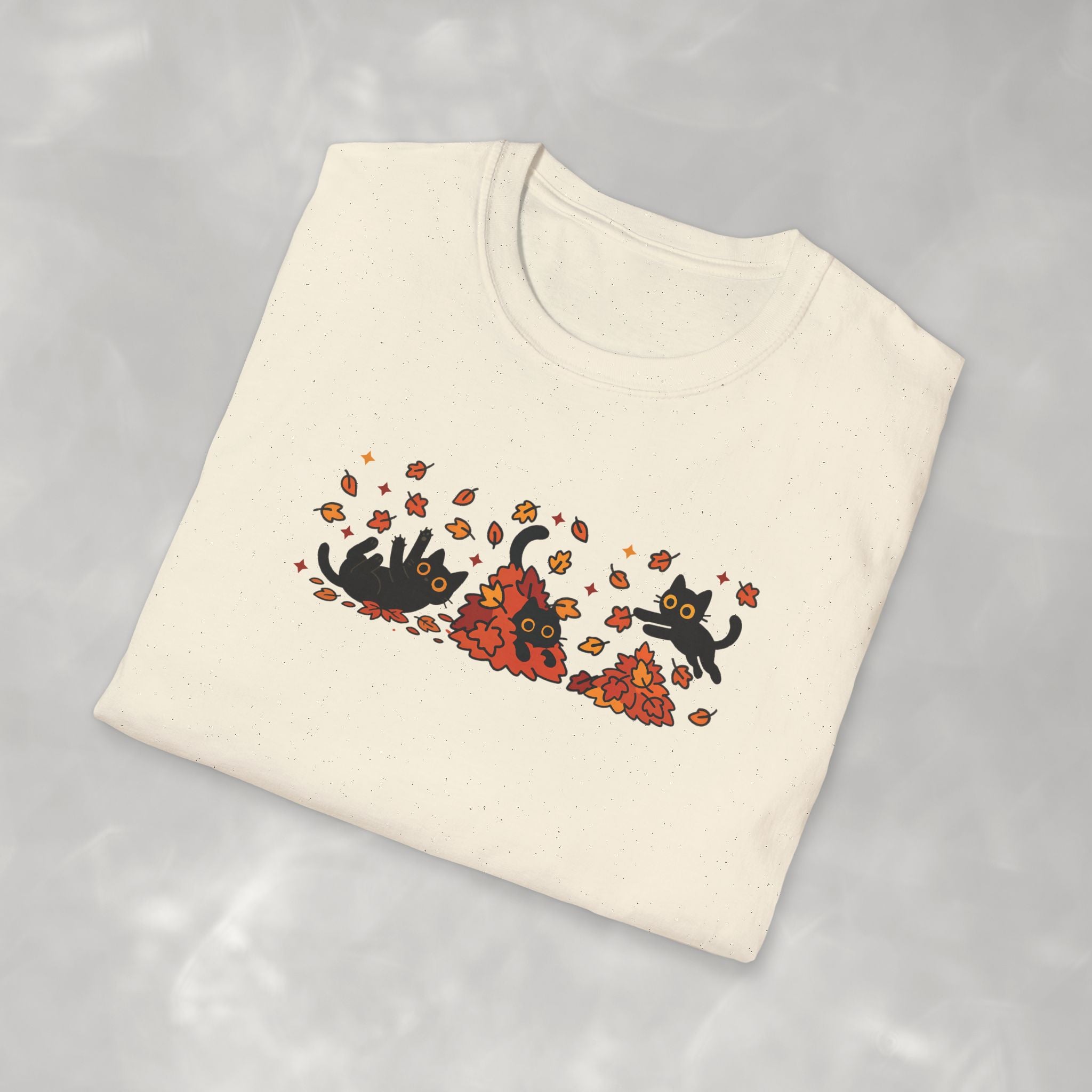Black Cats Playing in Autum Leaves Gildan Unisex Softstyle T-Shirt