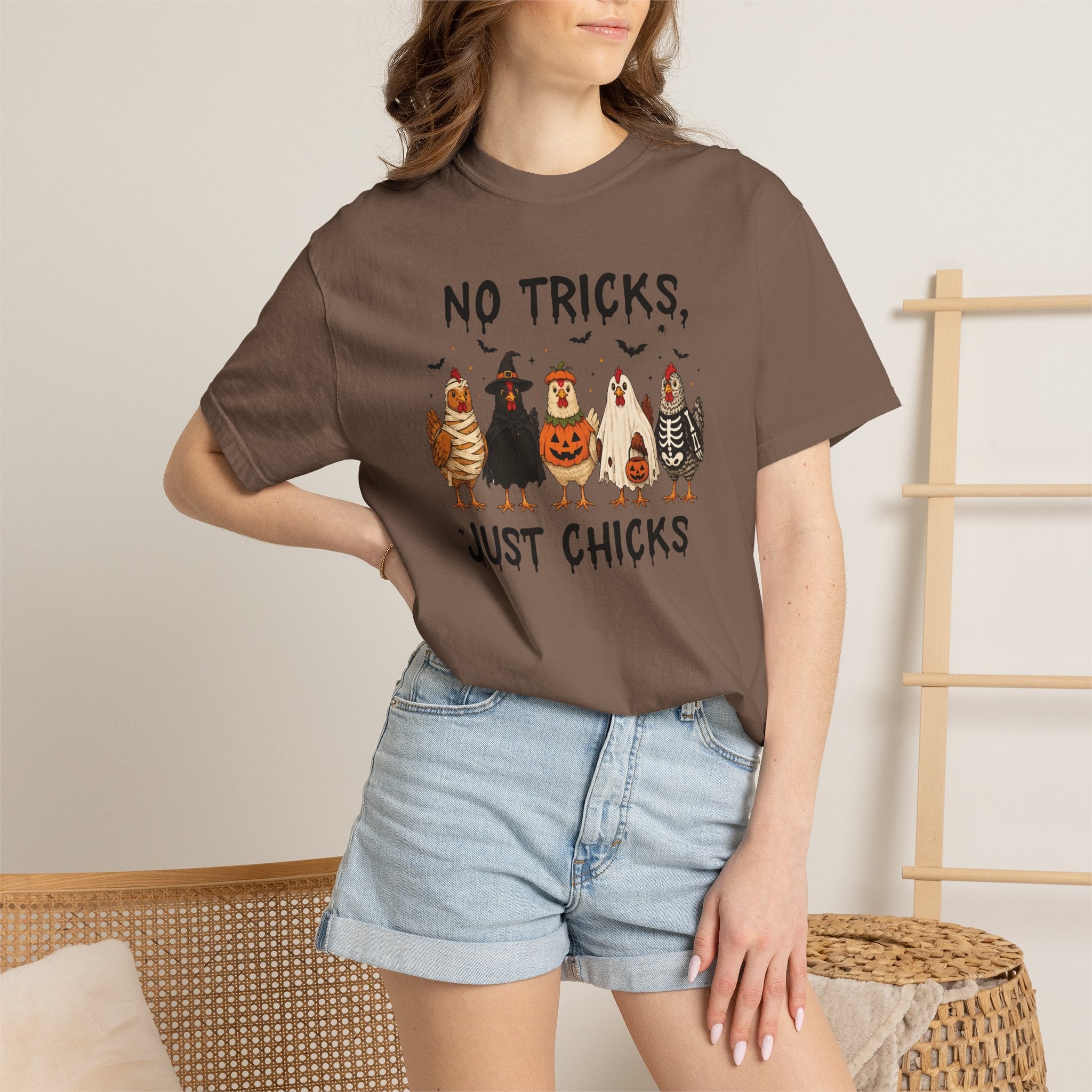 No Tricks Just Chicks, Funny Halloween Chickens in Costumes, Comfort Colors Tee
