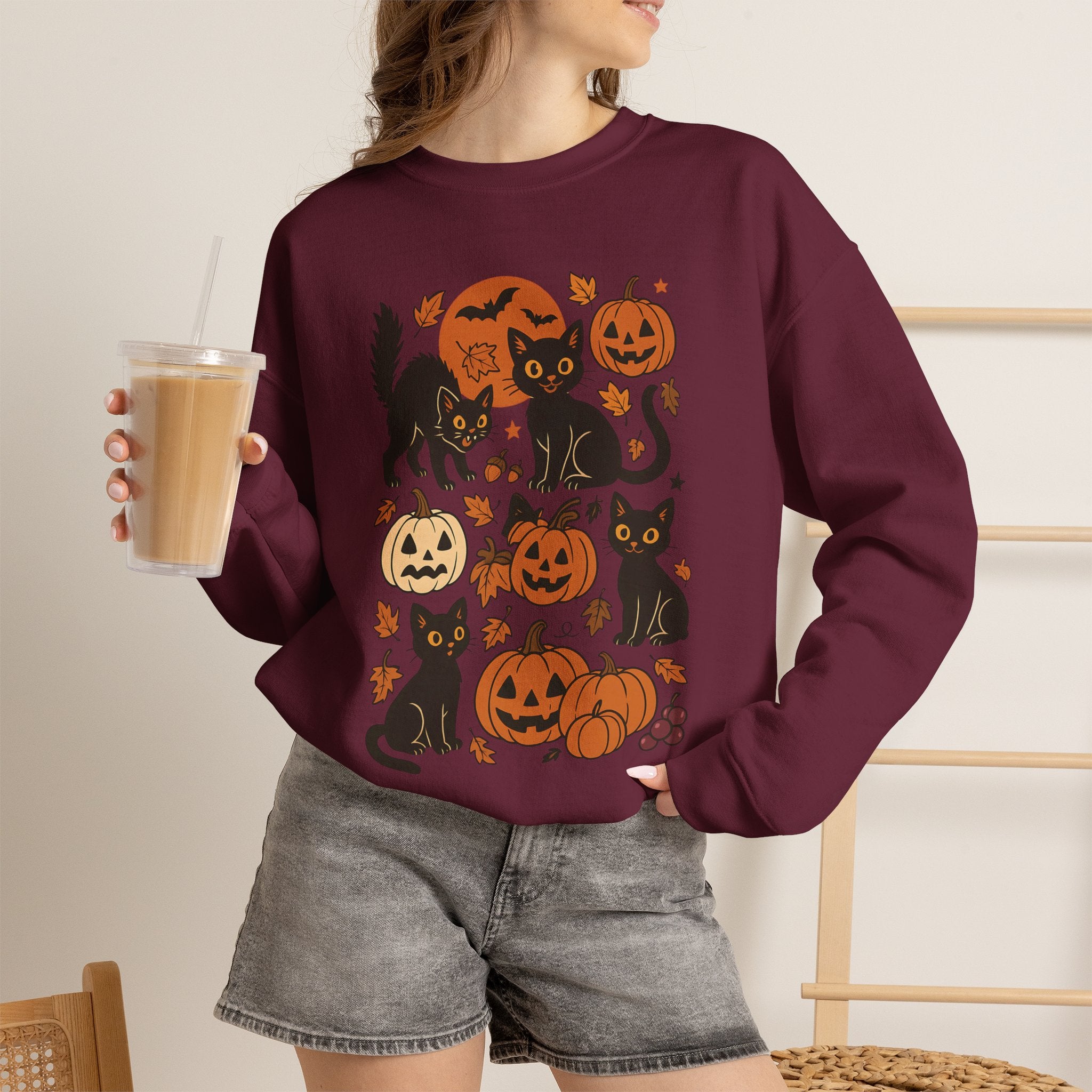 Spooky Black Cats and Jack-O-Lanterns, Gildan Unisex Heavy Blend™ Crewneck Sweatshirt