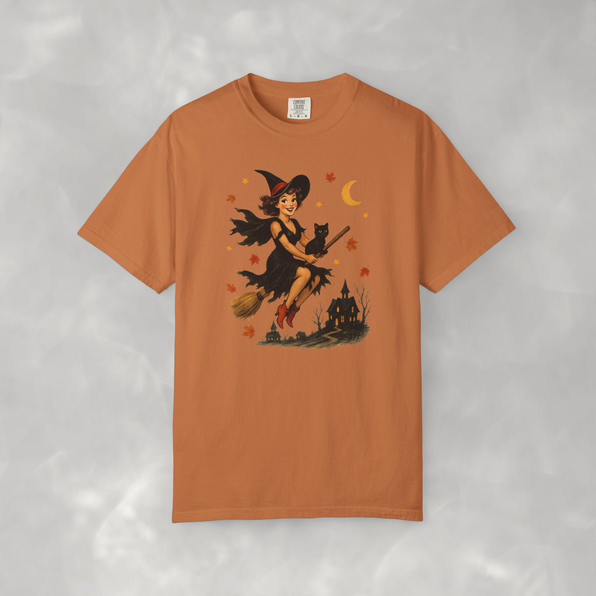 Vintage Witch Riding on Broomstick with Black Cat, Retro Halloween Comfort Colors Tee