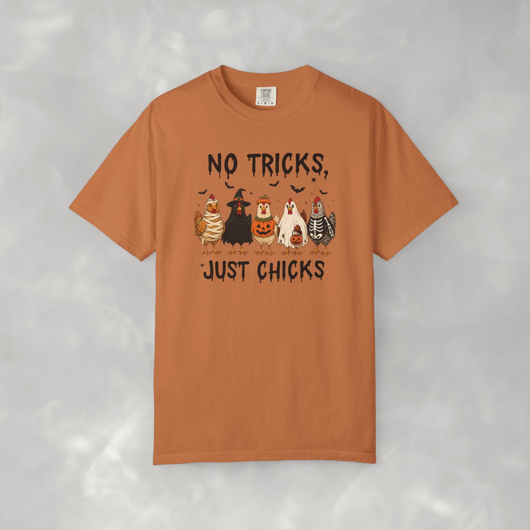 No Tricks Just Chicks, Funny Halloween Chickens in Costumes, Comfort Colors Tee