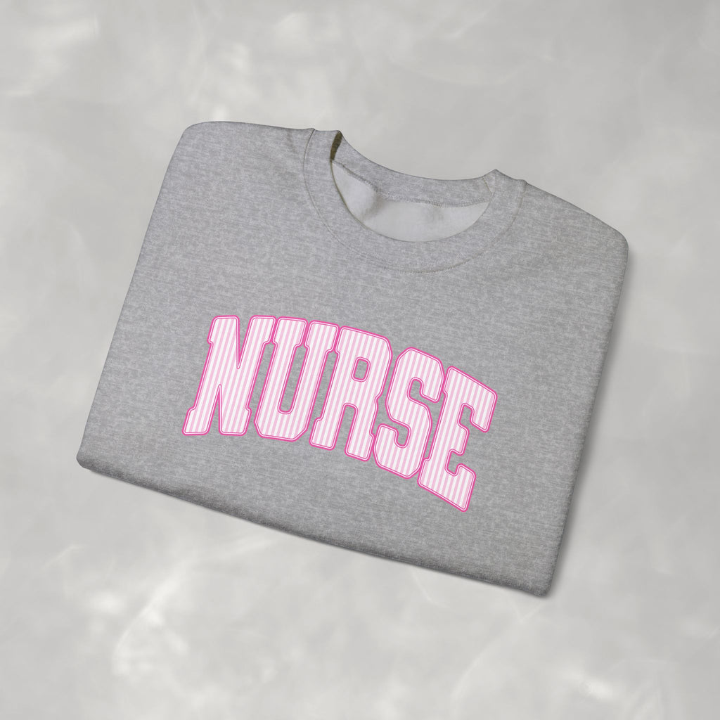 Pink Striped Varsity Nurse Gildan Unisex Heavy Blend™ Crewneck Sweatshirt for RN, LPN, GN, Student Nurse