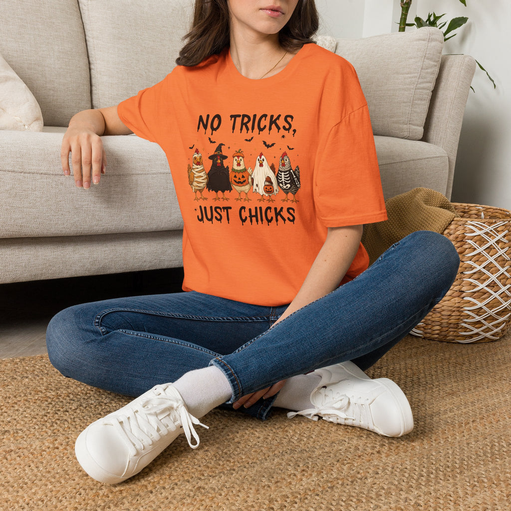 No Tricks Just Chicks, Funny Halloween Chickens in Costumes, Gildan Unisex Softstyle T-Shirt