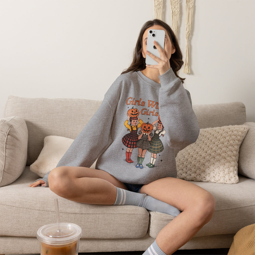 Girls Will Be Girls, Funny Retro Vintage Halloween, Unisex Heavy Blend™ Crewneck Sweatshirt